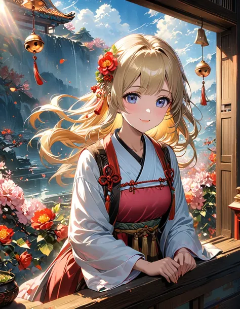 Detailed textures, high quality, high resolution, high accuracy, realism, color correction, correct lighting settings, harmonious composition. A beautiful anime girl in hanfu is sitting on the window sill, surrounded by many hanging bells and wind chimes. ...