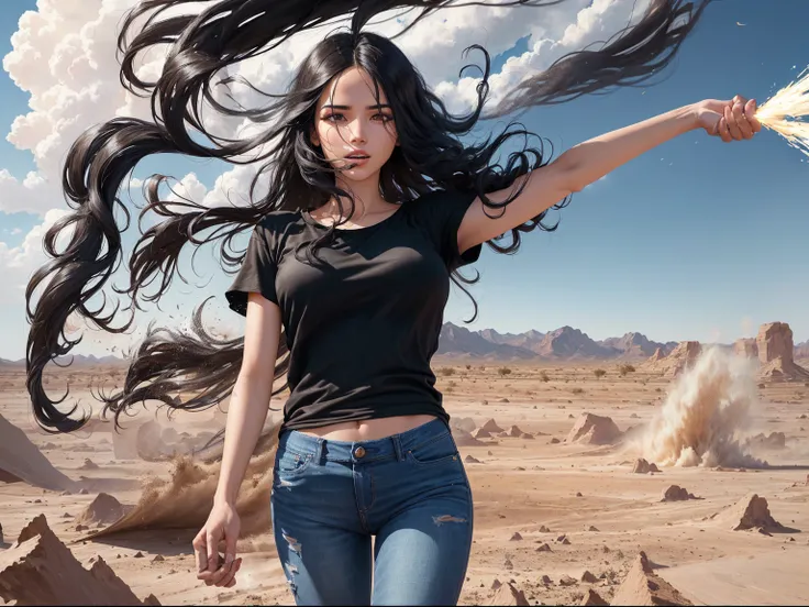 A digital illustration of a long black haired young women generating a tornado from her hand in a desert setting. The women is wearing a plain black t-shirt and blue jeans