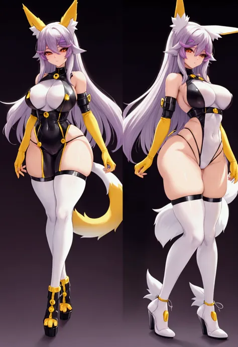 make me the character renamon from digimon but in a human version of this same one make him have details or characteristics of renamon like his ears and tail and also make a full body image make him have nice and firm breasts and a light skin tone too Make...