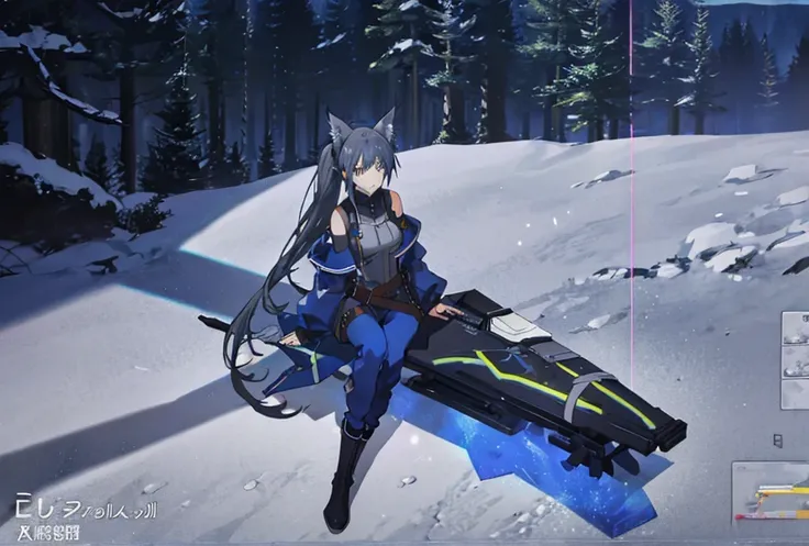 anime coloring. anime screensnap
1girl, solo, bangs, hair braided in a low long ponytail, long blue fox ears, grey blue bodysuit, gray big pants, high boots, big fox fire blue tail, dark blue hair, dark blue eyes, sad look, straps on the chest, straps on t...