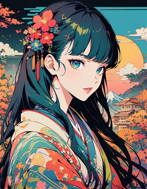 Detailed textures, high quality, high resolution, high accuracy, realism, color correction, correct lighting settings, harmonious composition. Japanese kimono print vector design of an anime girl with teal hair, mountains and moon in the background, colorf...