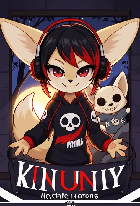 Fennec fox, cute girl, kid, chibi, 4 fingers, short hair, black hair with red highlights, red eyes, fangs, headphones, listening songs, smirk, in the bedroom, black walls, rock posters, skull posters, night, low lighting, alone