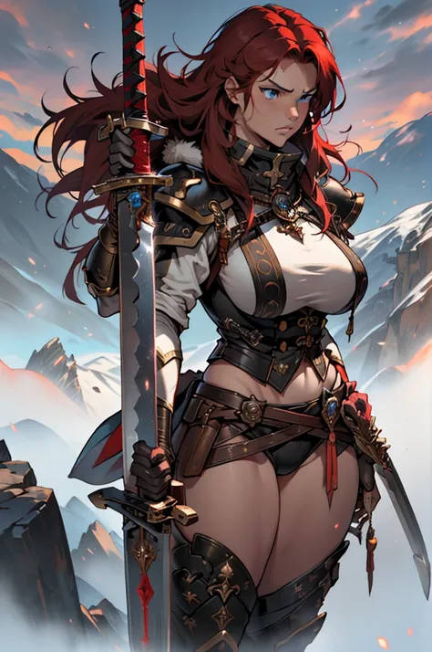 alone, (((1 girl))), Very long hair, Red hair, anger, blue eyes, ((((Muscular)))), ((Huge boobs)), ((Thick thighs)), ((Wide Hips)), Brown Skin,Rusty Bikini Armor, Fur waistband、((Long, broad sword))、(Holding the sword with both hands:1.2)、Big Ass, (From be...