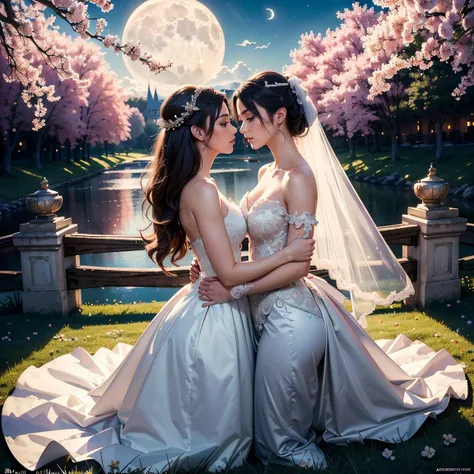 (masterpiece, highest quality, official art, beauty and aesthetic:1.5), (perfect anatomy:1.2), two stunning bride is deeply in love with each other, kiss, romantic atmosphere, flower and moon, magnificent panorama view