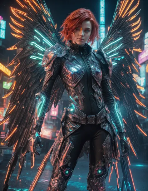 Full-body image of a beautiful angel with a cyberpunk style and appearance. She has fiery red hair, glowing green eyes, and stylized metallic wings. Her body is athletic, and she wears cyberpunk clothing with neon lights, including a futuristic jacket, fit...