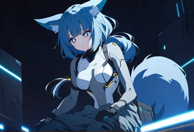 anime coloring. anime screensnap
1girl, solo, bangs, hair braided in a low long ponytail, long blue fox ears, grey blue bodysuit, gray big pants, high boots, big fox fire blue tail, dark blue hair, dark blue eyes, sad look, straps on the chest, straps on t...