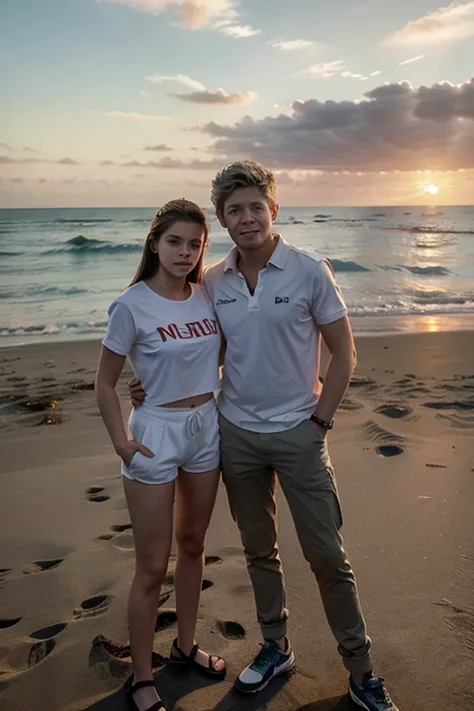 Niall Horan and Barbara Palvin stand together on the beach at sunset 