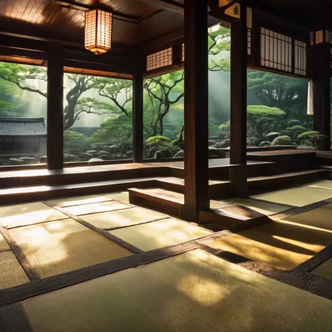 otherworldly morning in japanese temple in the 70s, mysterious, calm feeling, good morning, ancient japan, appearing from the da...