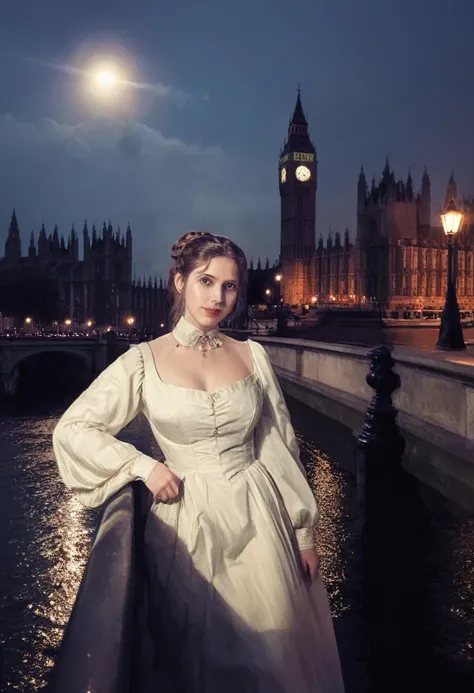 1girl, solo, short hair, hair bun, selfie, brown_hair, side buns, victorian era dress, lady mystical lamps at a Gaslit bridge spanning over tranquil river, london street, nighttime, fog, westminster, big ben, ultra-fine digital painting, cin3 victorianstyl...