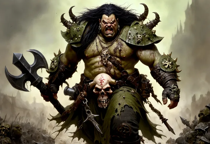 A 40ish man devotee of Warhammer chaos god Nurgle, (bedraggled, black hair, brown eyes, dirty and dingy, european features, dirty worn clothing, tabard with christian markings, obvious chaos tain assorted holy symbol necklaces dagger and mace on belt) walk...