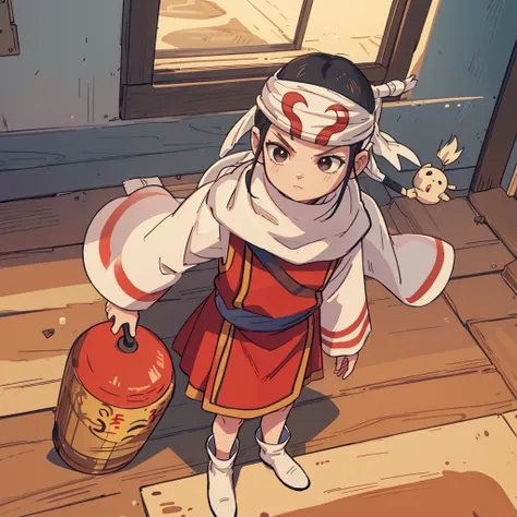 child  standing bandana on forehead cowl kyoukai sweet child guarding small room sentry