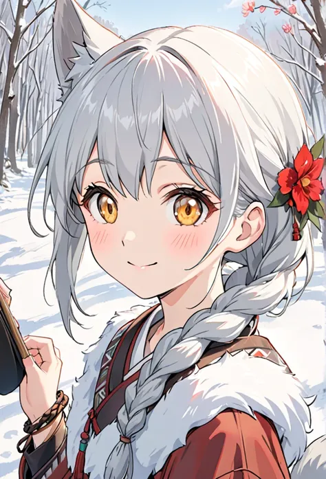 {{upper body}} {{Artist: sincos}} 1 girl, innocent and caring female, silver hair, long braid, big doe eyes, golden eyes, soft smile, wolf eaes and tail, tribal clothing made of leather and fur, bracelets made of fur, flowers on hair, winter forest, pov, g...