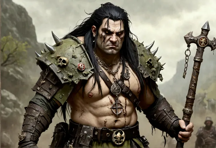 A 40ish man devotee of Warhammer chaos god Nurgle, (bedraggled, black hair, brown eyes, dirty and dingy, european features, dirty worn clothing, tabard with christian markings, obvious chaos tain assorted holy symbol necklaces dagger and mace on belt) walk...