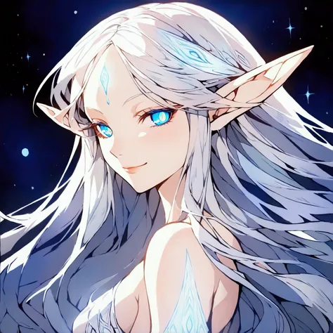 ethereal beauty, large almond-shaped eyes glowing deep blue with flecks of silver, long flowing translucent hair shifting colors, slender yet strong physique, delicate elfin features with high cheekbones,  nose, full lips curving into a gentle smile, alien...