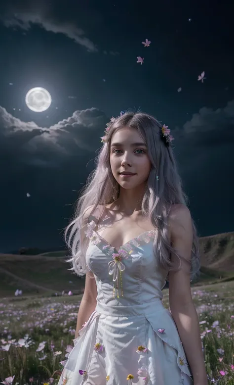 masterpiece, best quality, 1girl, (colorful),(delicate eyes and face), volumatic light, ray tracing, bust shot ,extremely detailed CG unity 8k wallpaper,solo,smile,intricate skirt,((flying petal)),(Flowery meadow) sky, cloudy_sky, moonlight, moon, night, (...