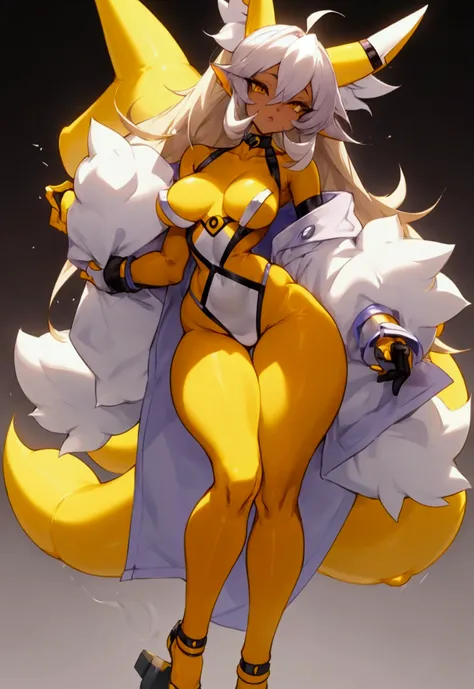 make me the character renamon from digimon but in a human version of this same one make him have details or characteristics of renamon like his ears and tail and also make a full body image make him have nice and firm breasts and a light skin tone too Make...