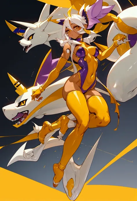 make me the character renamon from digimon but in a human version of this same one make him have details or characteristics of renamon like his ears and tail and also make a full body image make him have nice and firm breasts and a light skin tone too Make...