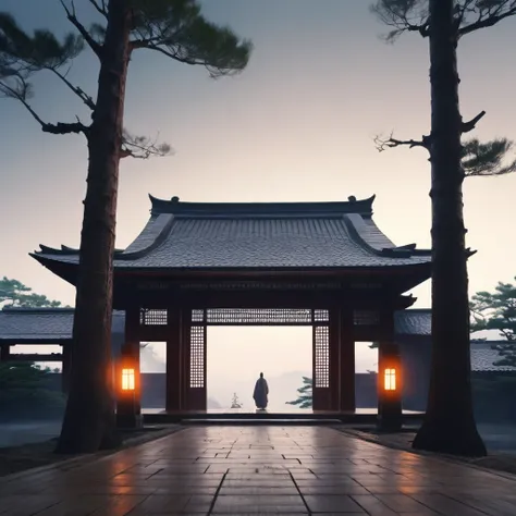 the gods gather, otherworldly morning in japanese temple in the 70s, mysterious, calm feeling, good morning, ancient japan, appe...