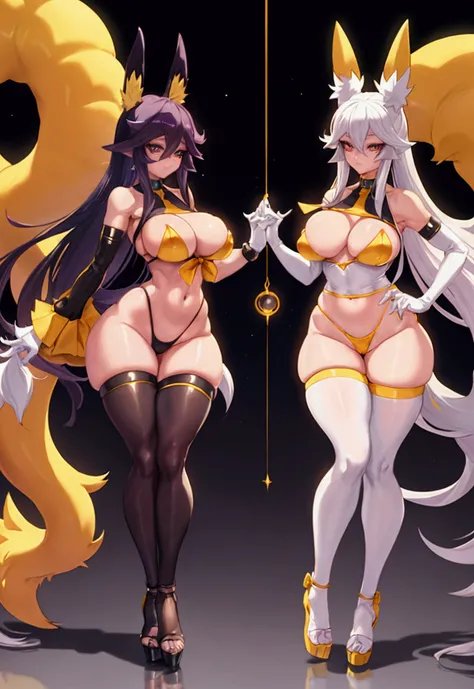 make me the character renamon from digimon but in a human version of this same one make him have details or characteristics of renamon like his ears and tail and also make a full body image make him have nice and firm breasts and a light skin tone too Make...