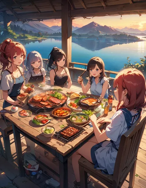 cute anime style illustration of a group of girls having a barbecue, with a lake in the background and a mountain range visible. Meat and vegetables are being grilled on a barbecue in the strong summer sun. The lake is visible behind them in the evening li...