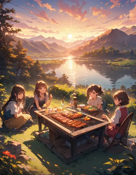 cute anime style illustration of a group of girls having a barbecue, with a lake in the background and a mountain range visible. Meat and vegetables are being grilled on a barbecue in the strong summer sun. The lake is visible behind them in the evening li...