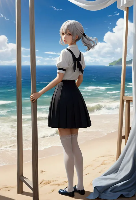 ((work of art)), ((best qualityer)), ((high resolution)), ((Extremely detailed CG 8k unity wallpaper)), standing alone, tachibana kanade, tan , Black Skirt, white stockings, plein-air, Face, curtained hair, beachfront, parted hair, silver hair