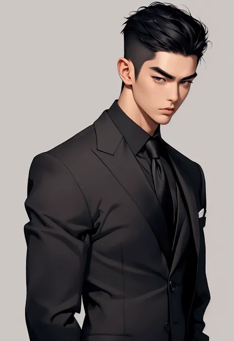 absurderes, high resolution, ultra detaild, realisitic, ), 1 men, Japanese, bad boy, standing alone, grown-up, mellow, tall and muscular guy, broadshouldered, bonitas, short hair pulled back,Bblack hair, eyes browns, angular jaw, Neck grosso, thick eyebrow...