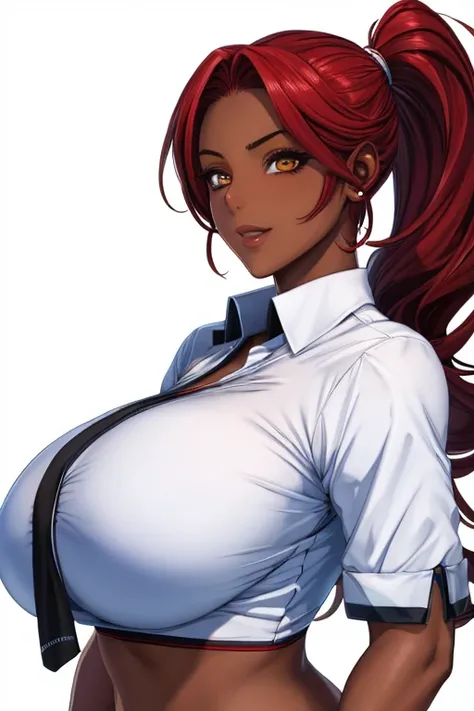 Long Hair,Red hair,ponytail,(Hair on one eye:0.8),(Dark Skinned female:1.2), (Dark Skin:1.1),shirt,Big Breasts,Shiny skin,White Background