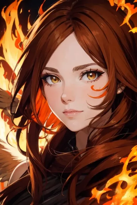 Face half woman half majestic bird flames yellow orange red , Brown hair