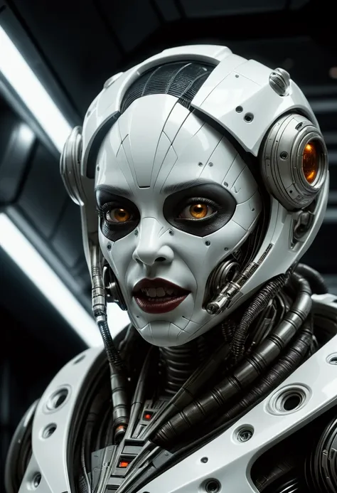 a highly detailed and realistic cyborg humanoid woman, metallic black mouth and teeth, inside a futuristic white spacecraft hallway, cinematic dramatic lighting, hyper realistic, 8k, photorealistic, masterpiece, concept art, (best quality,8k,hyperrealistic...