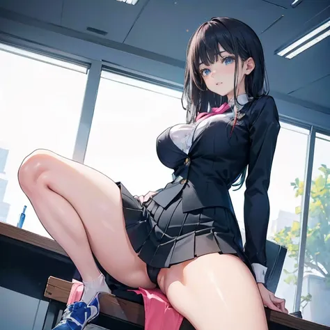 Anime Kawaii sexy Perfect Slim sensual body large breast and huge thighs, An intricate and highly detailed illustration of anime (Young girl) anime girl sitting on a desk with her legs crossed, office clothes, on a desk, thigh and skirt, sitting on a desk,...