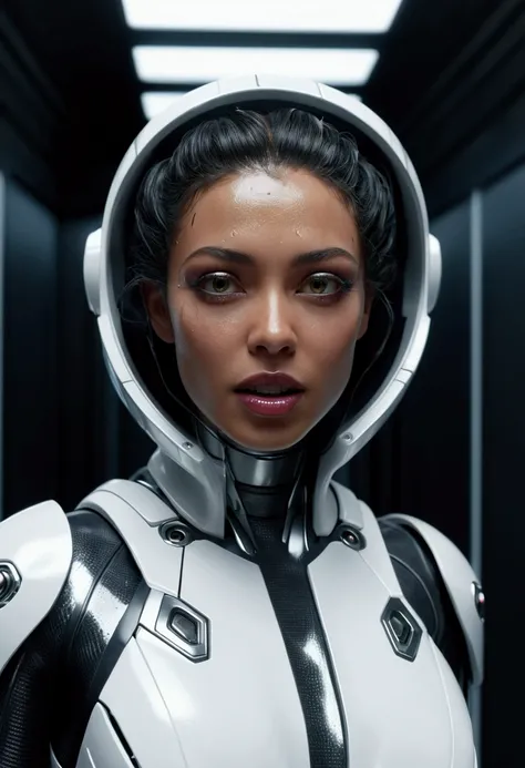 a highly detailed and realistic cyborg humanoid woman, metallic black mouth and teeth, inside a futuristic white spacecraft hall...