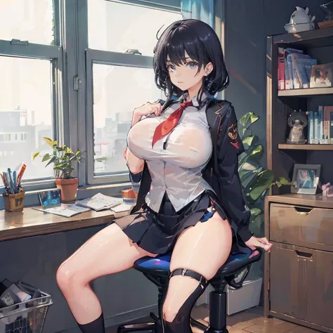 Anime Kawaii sexy Perfect Slim sensual body large breast and huge thighs, An intricate and highly detailed illustration of anime (Young girl) anime girl sitting on a desk with her legs crossed, office clothes, on a desk, thigh and skirt, sitting on a desk,...