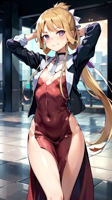 masterpiece, Highest quality, expensiveres, expensive_meaning, very long hair, Hotel, One girl, alone, a woman in a sexy dress, sexy pose, blush, A small smile, 前hair, hair_between_eye, purple eye, blond hair, ponytail, Moderate_chest, sexy, Seductive pose...