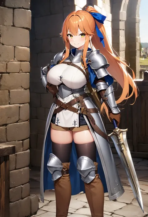 1girl, solo, shield, weapon, thighhighs, polearm, gloves, boots, long-hair, (((Medieval-background))), armor, brown-gloves, ponytail, orange-hair, full-body spear, ribbon, holding, simple-background, holding-weapon, looking-at-viewer, hair-ribbon, black-th...