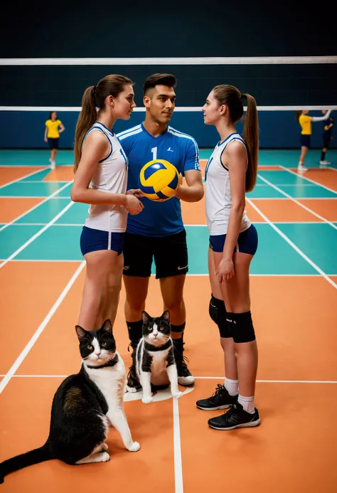 a male cat with three girls on a volleyball court