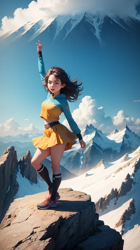 Girl standing on a mountain peak, with a breathtaking view, representing achieving dreams and success, with a triumphant expression. 

The animation style should resemble Pixars realistic and detailed human forms, with vibrant colors and textures