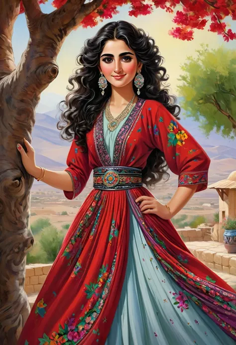 A Kurdish girl stands behind the magical tree.She has very large almond-shaped black eyes, bushy and arched eyebrows, a prominent long nose, and curly black hair.She wears a long dress in vibrant red, embellished with traditional floral patterns. The skirt...