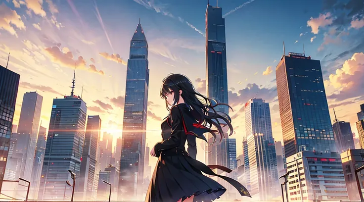 In the city of shibuya,skyscrapers pierce the sky,  The main subject of this image is a lone girl standing on the center of countless buildings, their backview stark against In strong sunlight and headwind. The image is rendered in exquisite detail, each s...