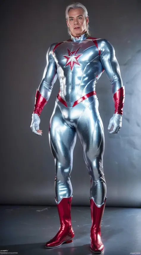 (realistic,hyper-detailed,8k,DC comic superhero,Captain Atom,captainatom),
(silver suit,silversuit),
(red gloves,redgloves),
(red boots,redboots)