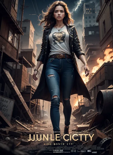 Movie poster, jungle city, lion warrior, medium chest woman, black jeans, belt, long t-shirt, coat, rivets, holster, rivets, explosions, jungle, ruins, just one body, night