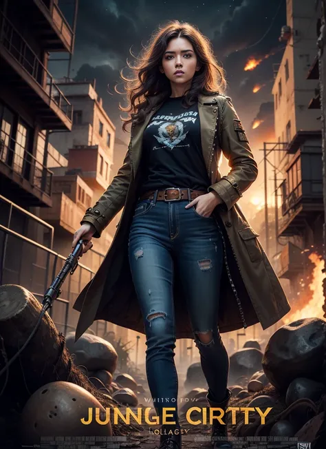 Movie poster, jungle city, lion warrior, medium chest woman, black jeans, belt, long t-shirt, coat, rivets, holster, rivets, explosions, jungle, ruins, just one body, night