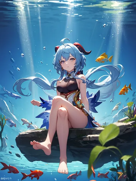 1girl,ganyu_genshin_impact, underwater transparent sealed hemispherical glass dome, full body,barefoot,long hair tranquil nature, koi,Underwater, Dome,close up,Dynamic actions,Lens perspective,sit cross-legged and lean against the bookshel, volumetric ligh...