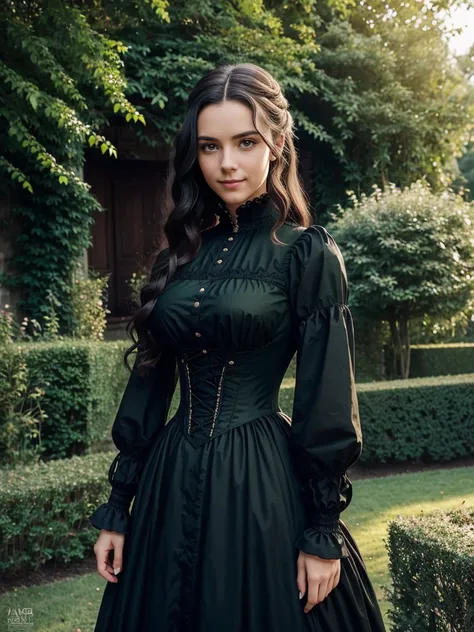 Foto hiperrealista en primer plano de  (european girl),Create dystopian masterpieces, victorian era clothing, rich dress, wearing a Victorian-era dress with long-sleeves, green dress, garden, cinematic light, beautiful woman, skinny skinny, large breasts, ...