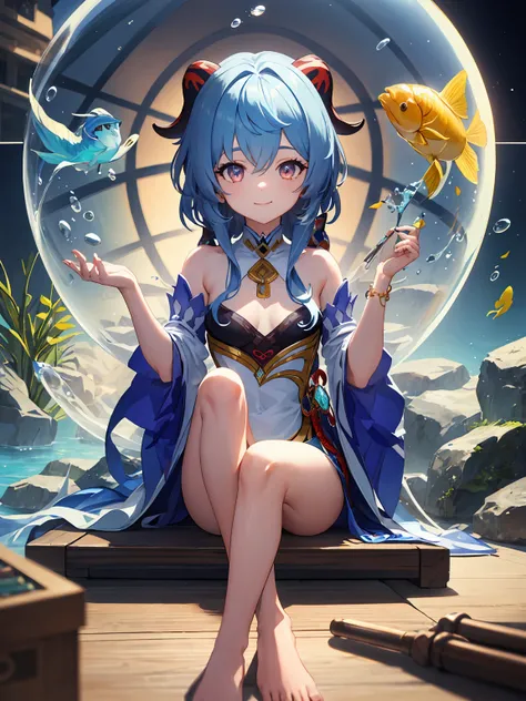 [(Transparent background:1.5)::5],(((masterpiece))),(((best quality))),(((extremely detailed))),illustration, 1girl,ganyu_genshin_impact,mysterious,vivid color,shiny, underwater transparent sealed hemispherical glass dome, full body,barefoot,long hair tran...