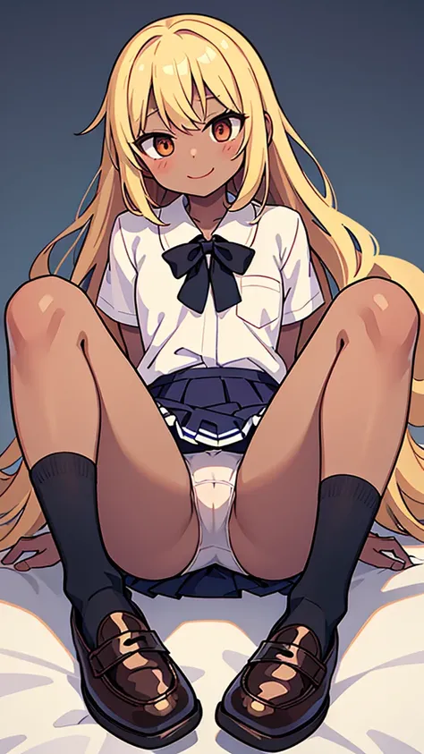 Black gal、bad、Mischievous Smile、Gal Makeup、Naughty、long hair、Blonde、Sunburn、Brown Skin、Nsfw、masterpiece, high quality, 4K, HDR,, Stable Diffusion prompt:   with , wearing a white blouse and Brown  skirt, white panties visible, navy socks and brown loafers,...