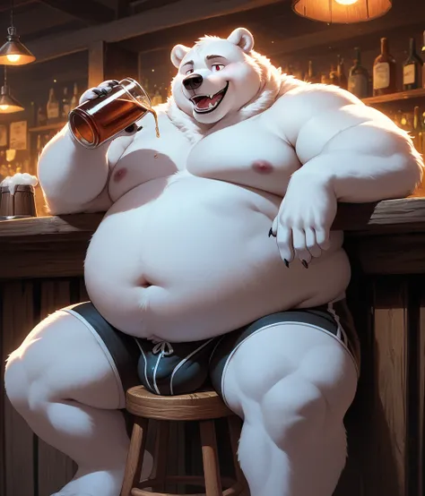 (cute, fat, obese, anthro, male, polar bear), facial scar, fluffy, red eyes, tavern setting, drinking, drunk, happy, barstool, bar, bulge, (detailed background), hires textures, highly detailed, intricate details, best quality, masterpiece, bright lighting...