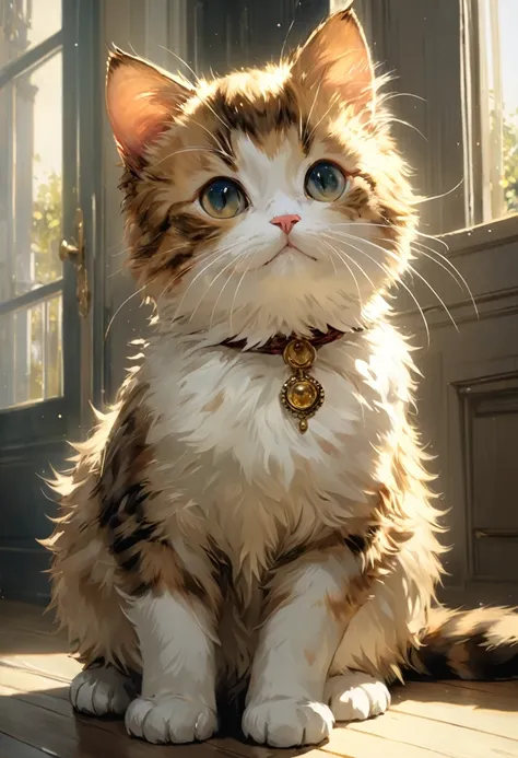 Cute munchkin cat greets viewers, Pierre＝Art by Auguste Renoir and Jeremy Mann, (Viewpoint angle:1.2), Realistic, Ray Tracing, Beautiful lighting,masterpiece