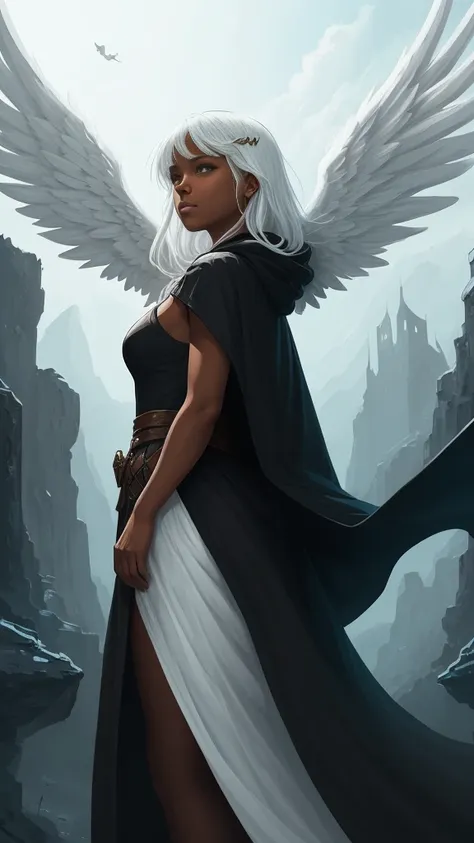 an angel brown skin woman, white wings, black dress, black cloak, long straight, white hair, baby bangs.  (dungeons and dragons ...