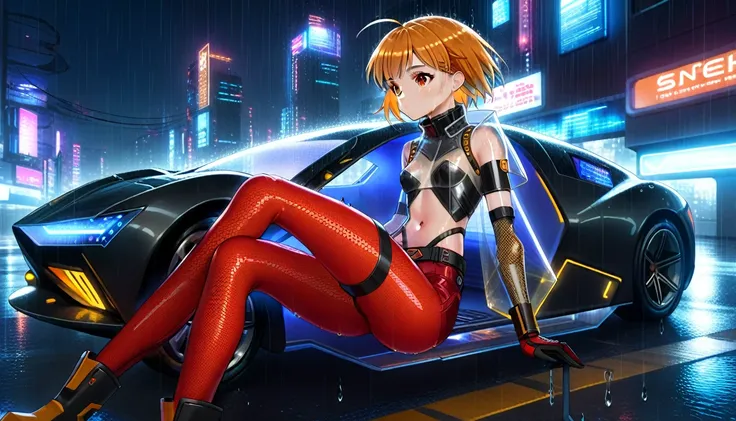 a female hacker sitting on the hood of a futuristic car in a cyberpunk metropolis at night, (heavy rain:1.0), facing the viewer,...